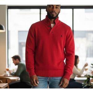 Polo Ralph Lauren Knit Sweater Red SZ Med Logo Mock Collar Pullover 100% Cotton